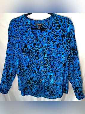 Style & Co. Blue Animal Print V Neck Button Down Blouse 3/4 Sleeves Size L